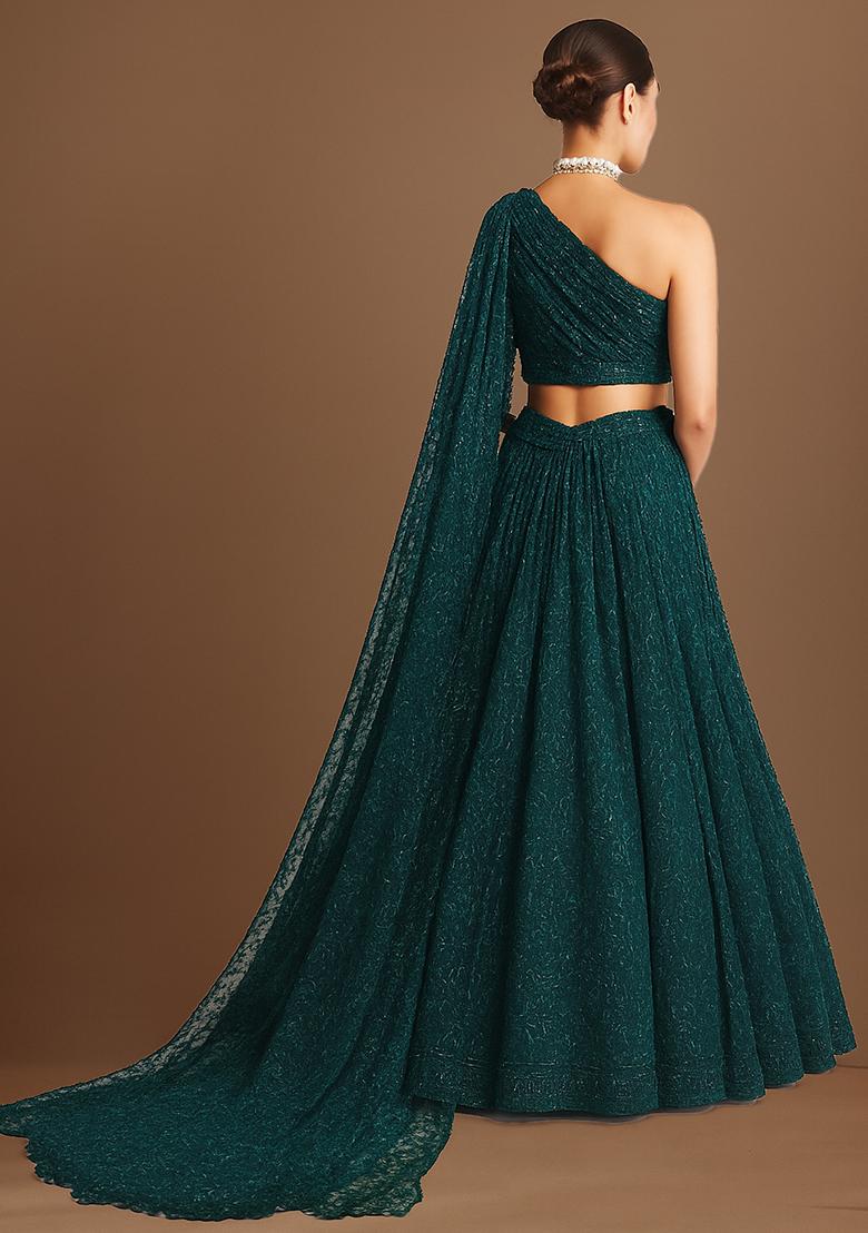 Dark Turquoise Embroidered Net Lehenga Set - Indya
