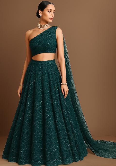 Dark Turquoise Embroidered Net Lehenga Set