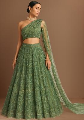 Green Sequin Embellished Net Lehenga Set