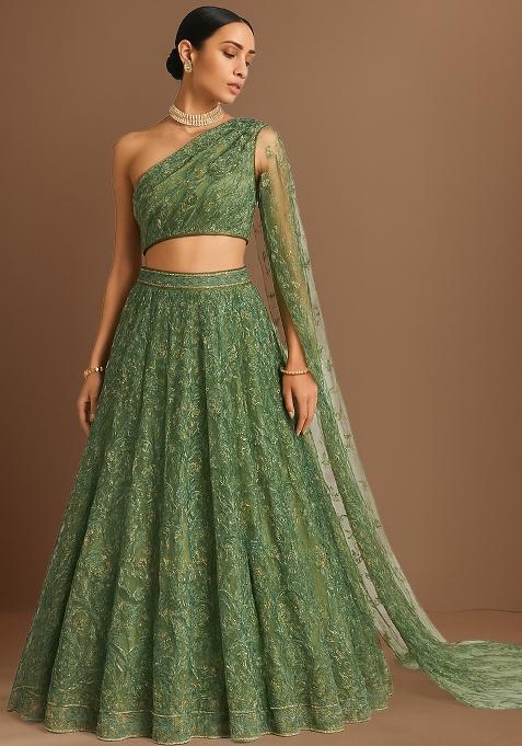 Green Sequin Embellished Net Lehenga Set
