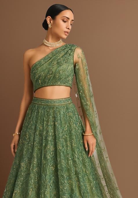 Green Sequin Embellished Net Lehenga Set