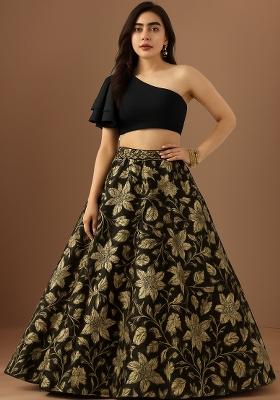 Black Printed Silk Lehenga Set