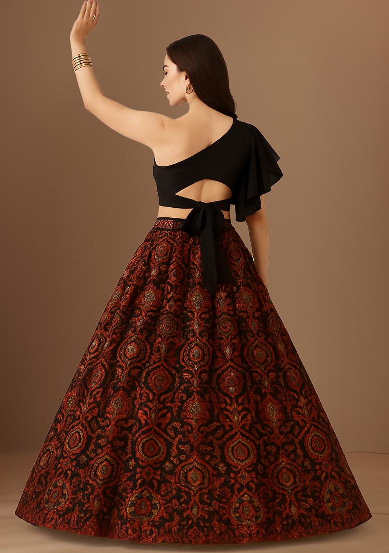 Maroon Jacquard Brocade Lehenga Set - Indya