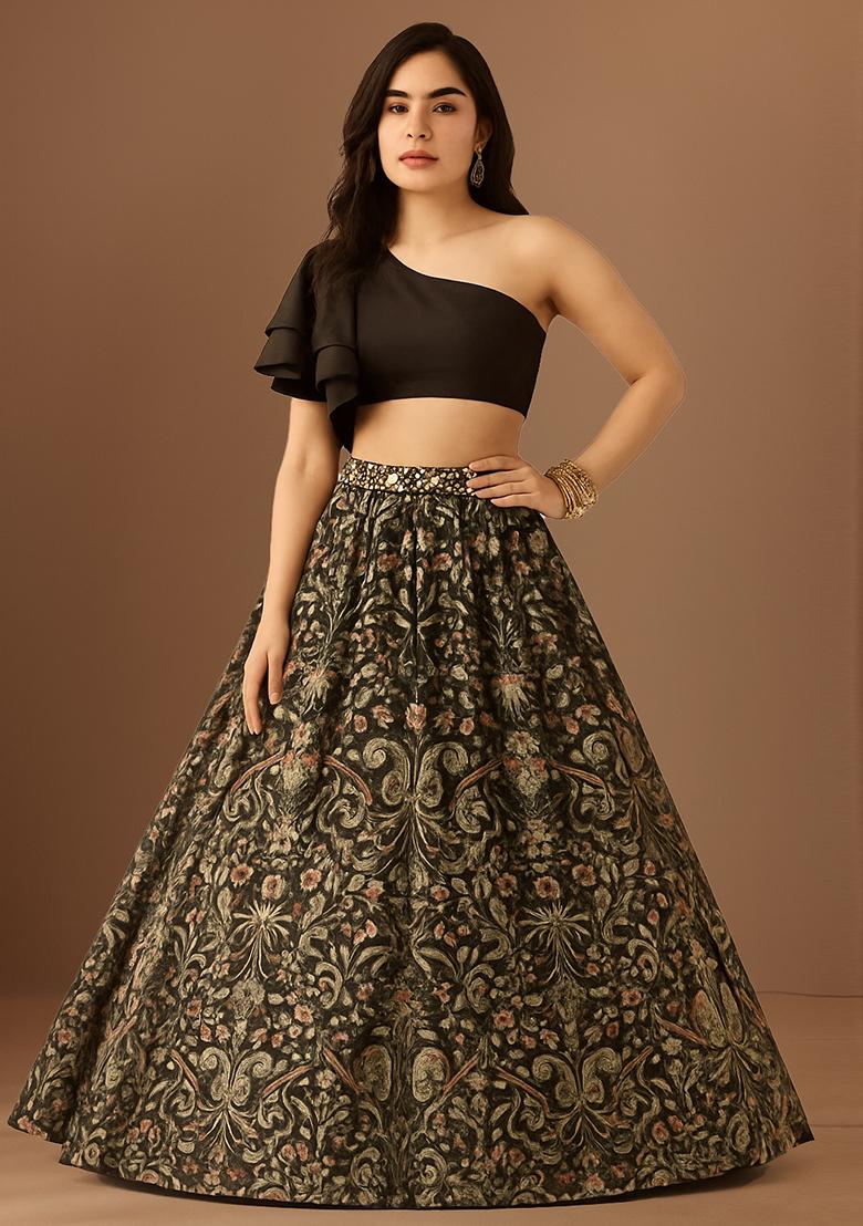 Brown Printed Silk Lehenga Set