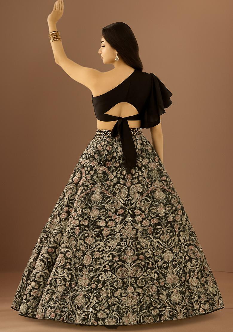 Brown Printed Silk Lehenga Set - Indya