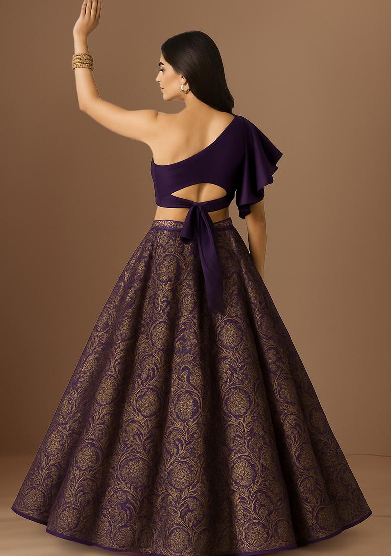 Purple Jacquard Brocade Lehenga Set - Indya