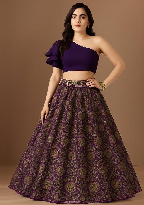 Purple Jacquard Brocade Lehenga Set