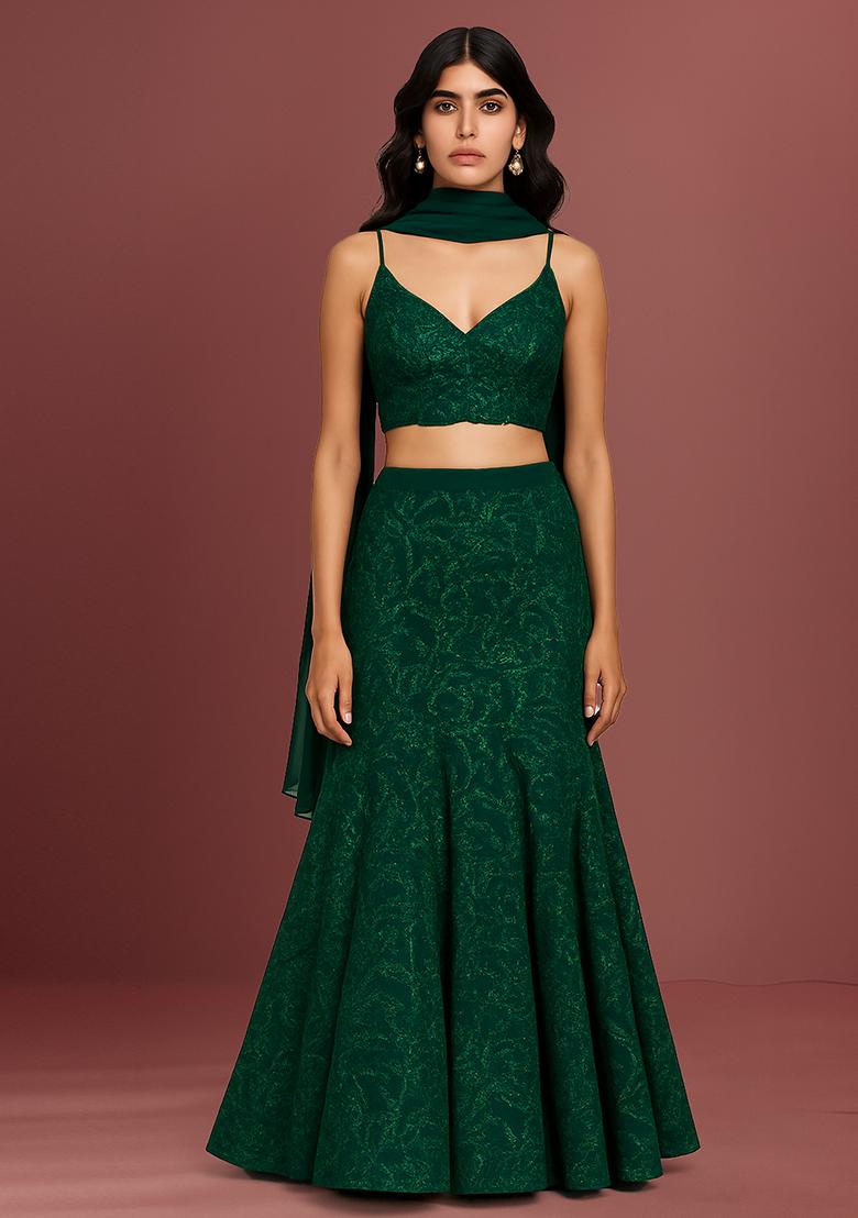 Green Embellished Net Lehenga Set