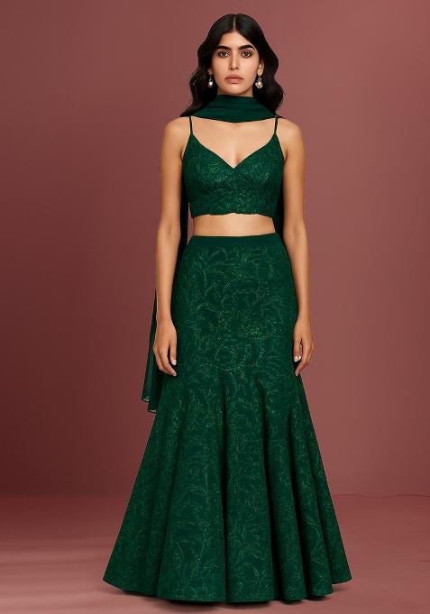 Green Embellished Net Lehenga Set