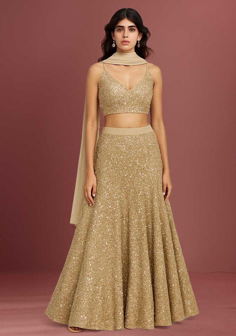 Golden Sequin Embellished Net Lehenga Set