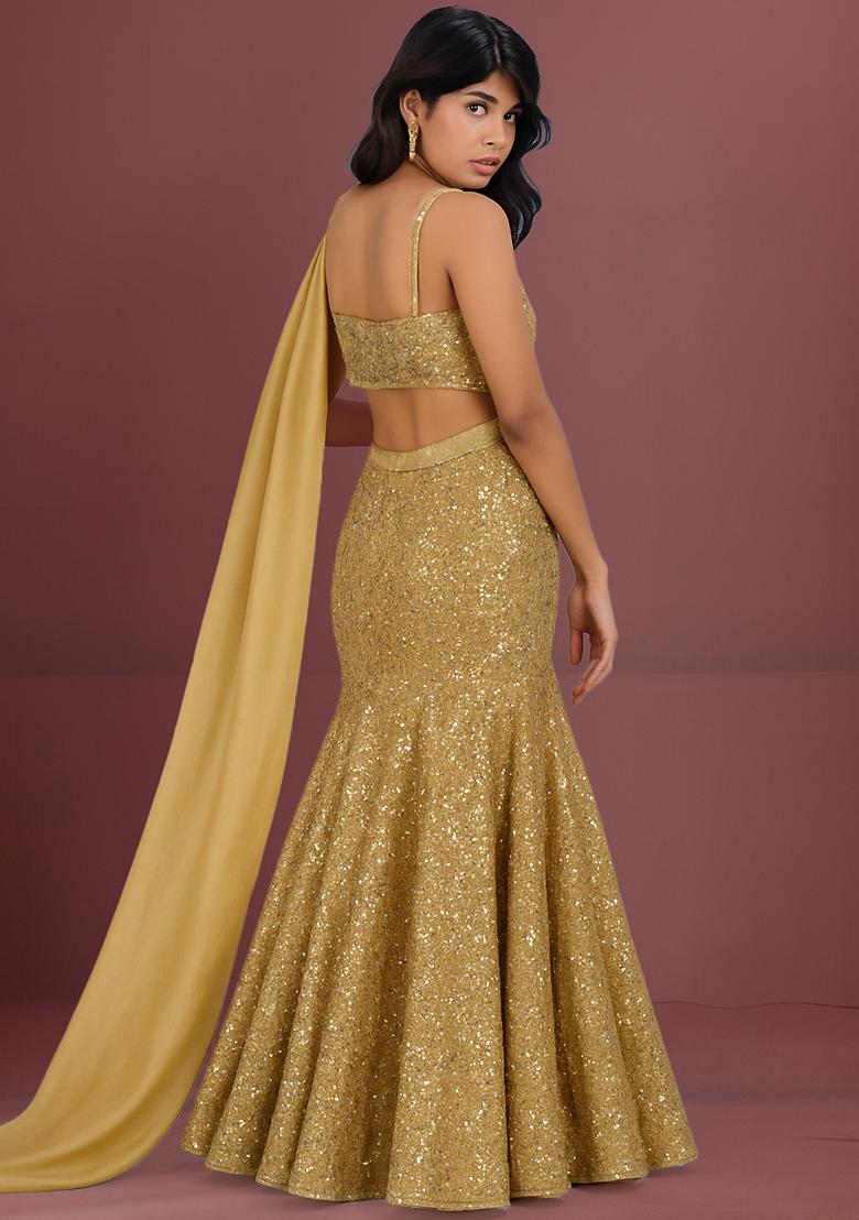 Golden Sequin Embellished Net Lehenga Set