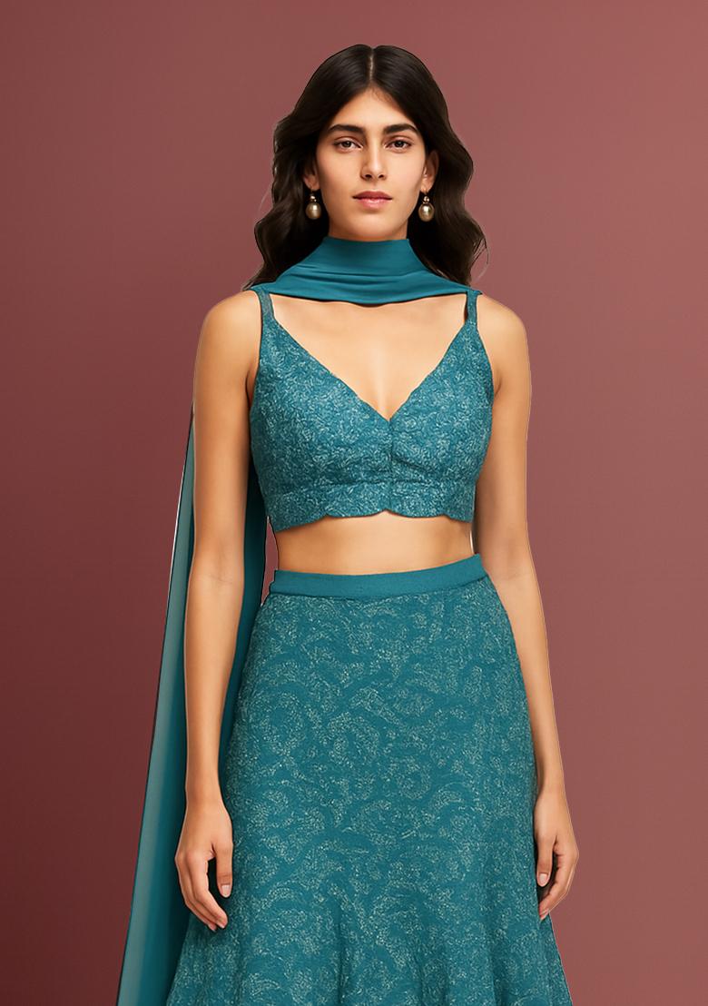 Blue Embroidered Net Lehenga Set - Indya