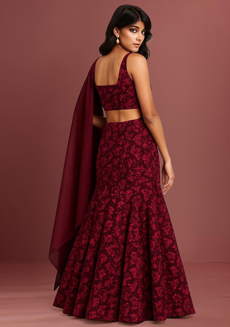 Wine Embroidered Net Lehenga Set