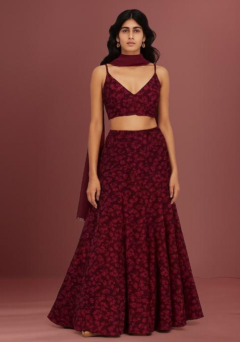 Wine Embroidered Net Lehenga Set