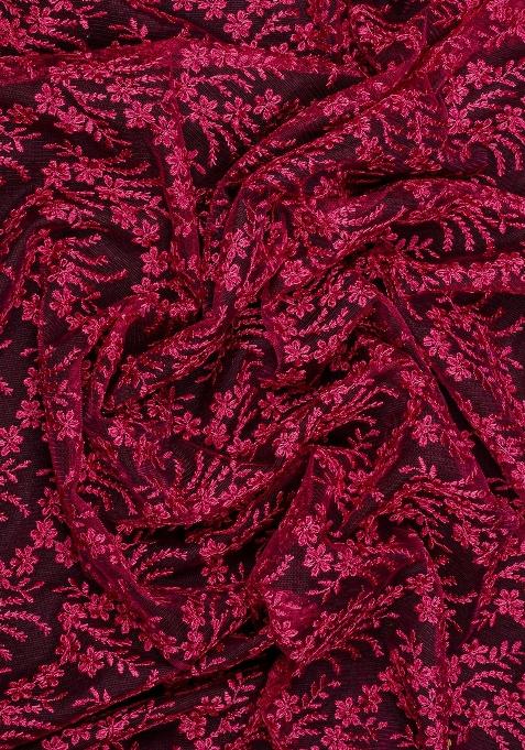 Wine Embroidered Net Lehenga Set