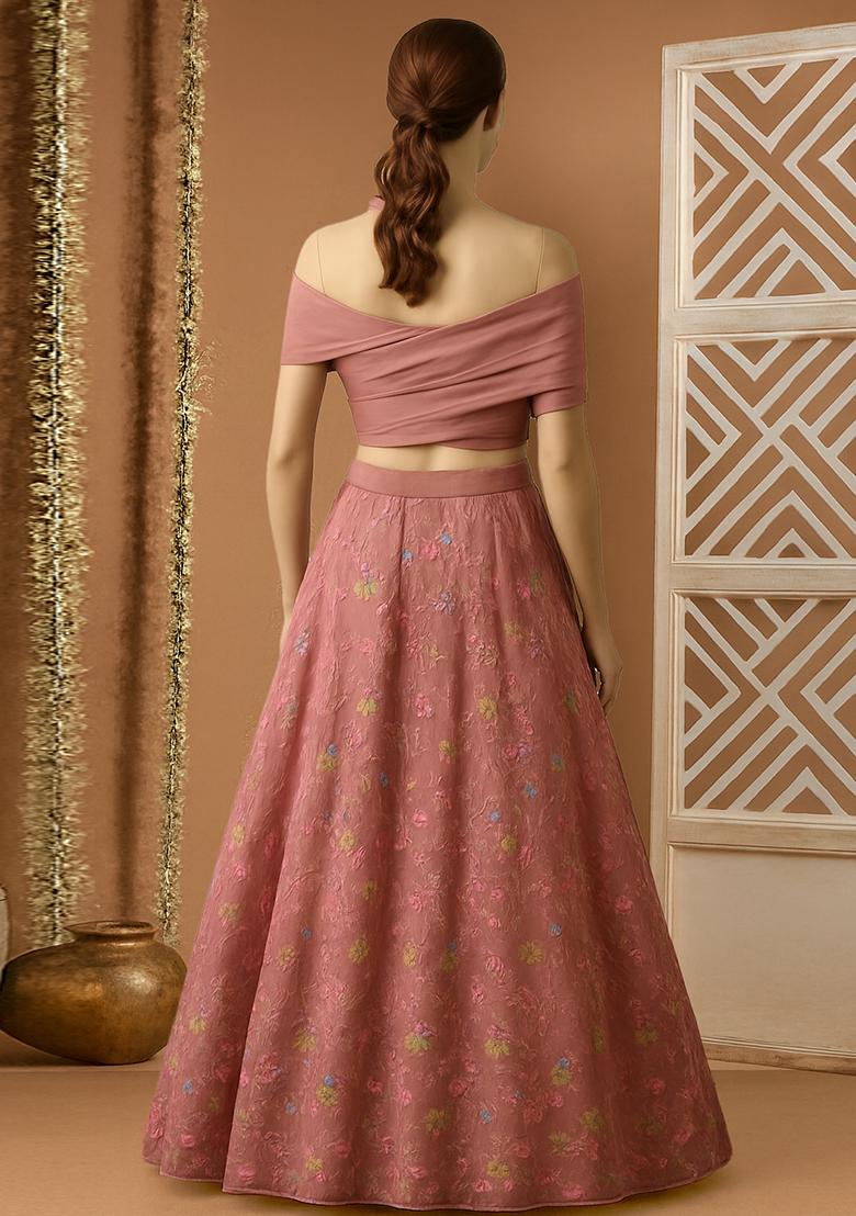 Mauve Sequin Embroidered Net Lehenga Set - Indya