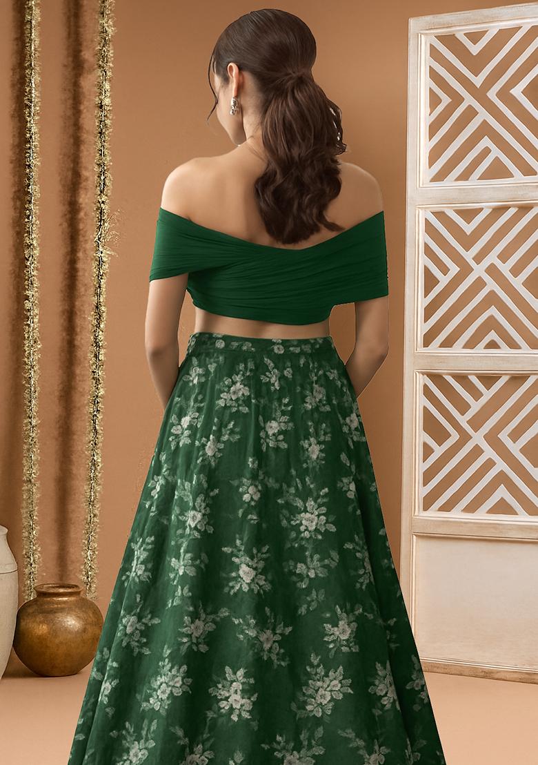 Dark Green Sequin Embroidered Net Lehenga Set - Indya