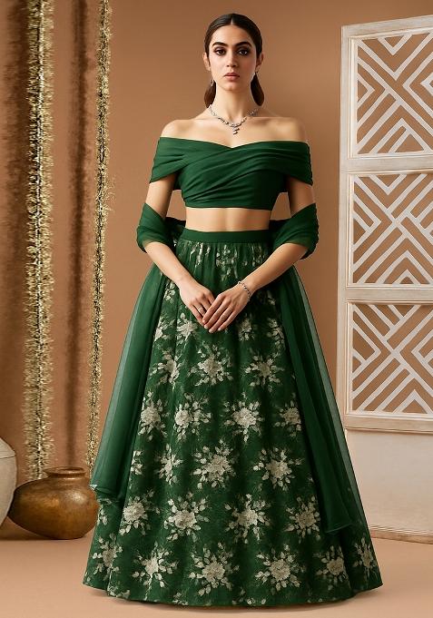 Dark Green Sequin Embroidered Net Lehenga Set