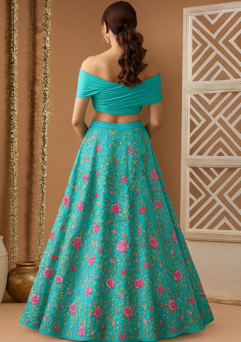 Blue Embroidered Net Lehenga Set - Indya