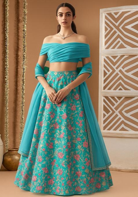 Blue Embroidered Net Lehenga Set