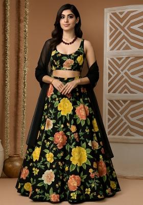 Green Printed Crepe Lehenga Set
