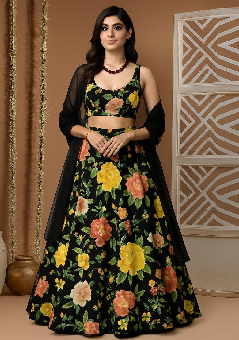Green Printed Crepe Lehenga Set