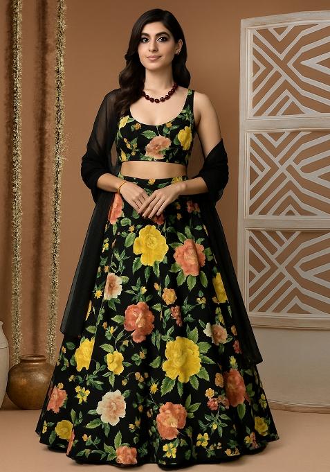 Green Printed Crepe Lehenga Set
