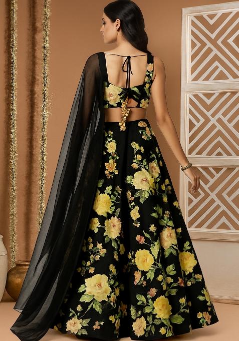 Green Printed Crepe Lehenga Set