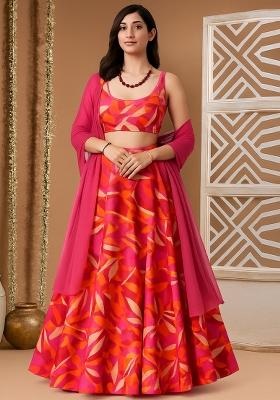Pink Printed Crepe Lehenga Set