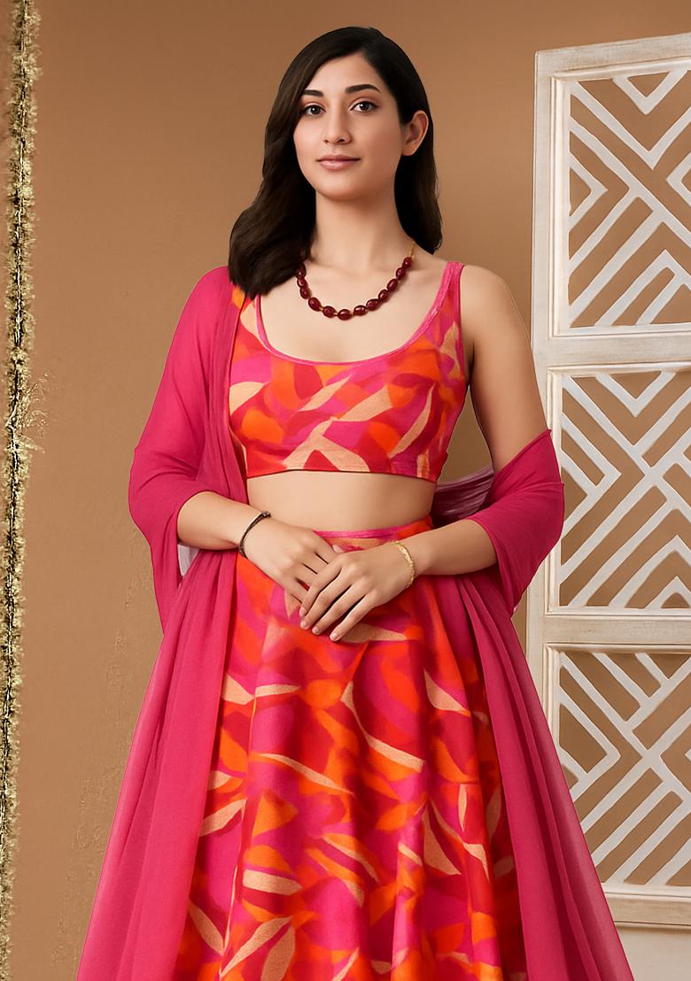 Pink Printed Crepe Lehenga Set - Indya