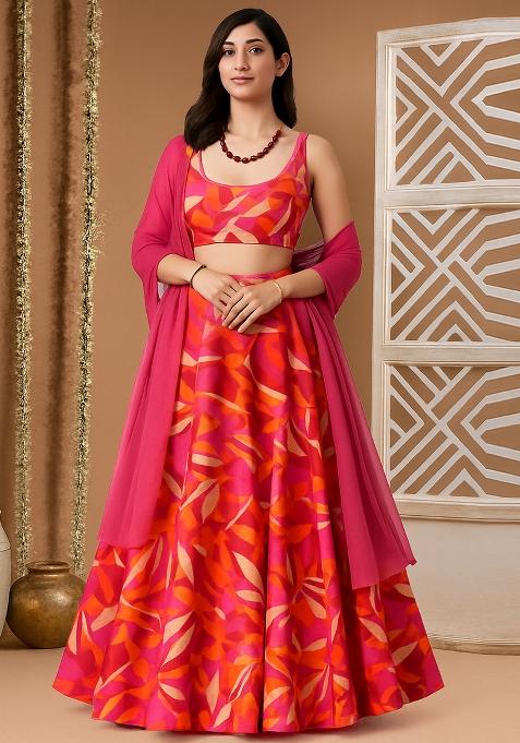 Pink Printed Crepe Lehenga Set