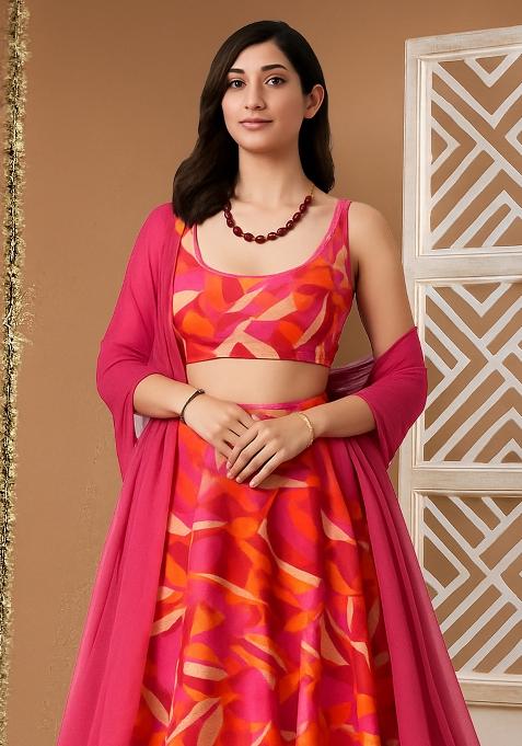 Pink Printed Crepe Lehenga Set