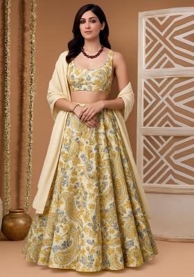 Yellow Printed Crepe Lehenga Set