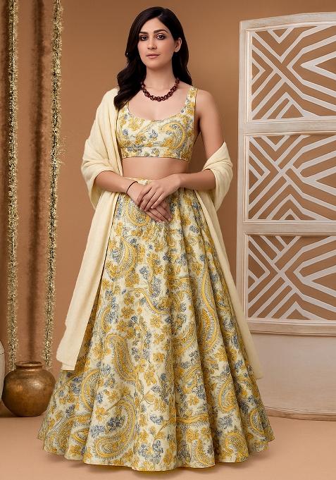 Yellow Printed Crepe Lehenga Set