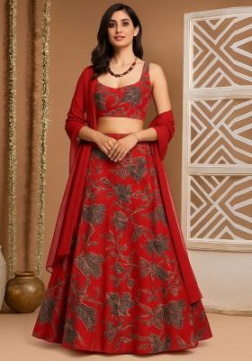 Red Printed Crepe Lehenga Set