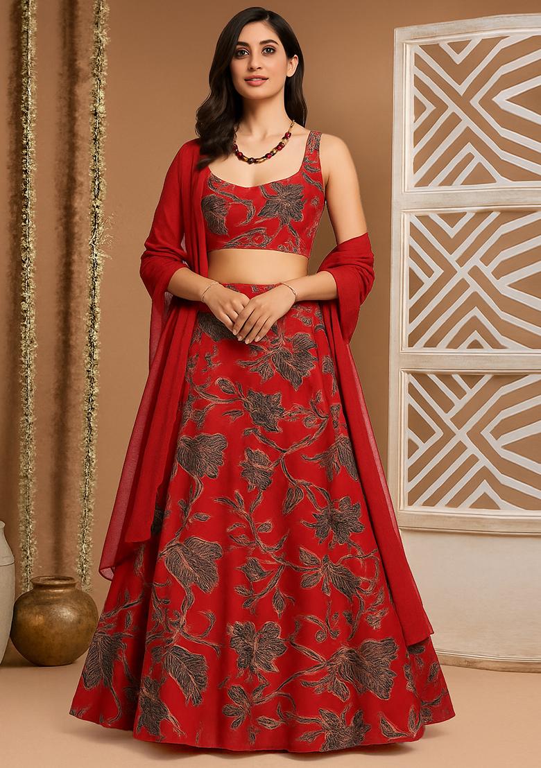 Red Printed Crepe Lehenga Set - Indya