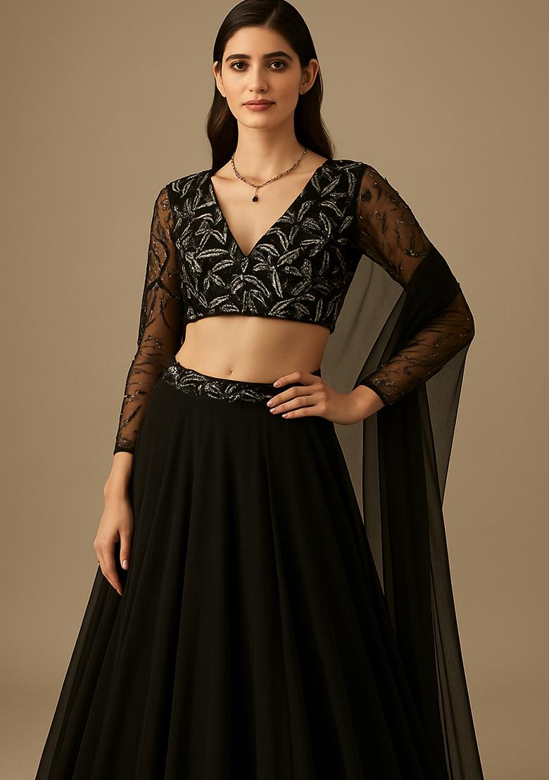 Black Embroidered Blouse Georgette Lehenga Set - Indya
