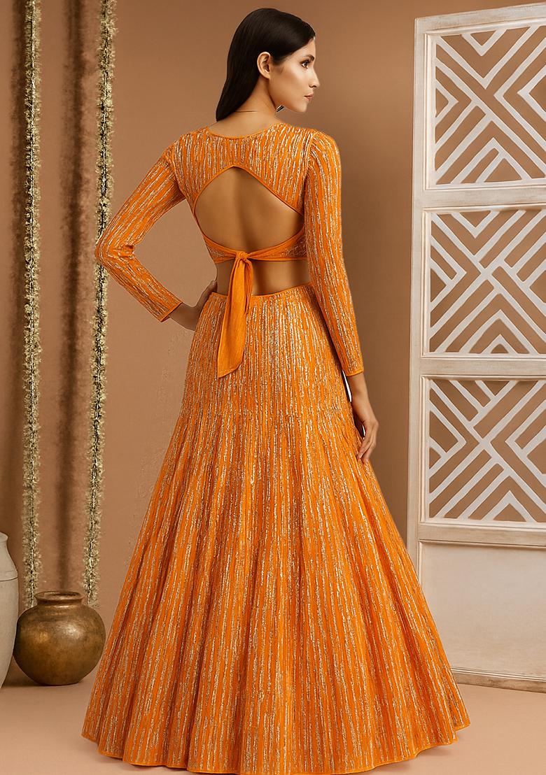 Orange Self Design Polyester Lehenga Set