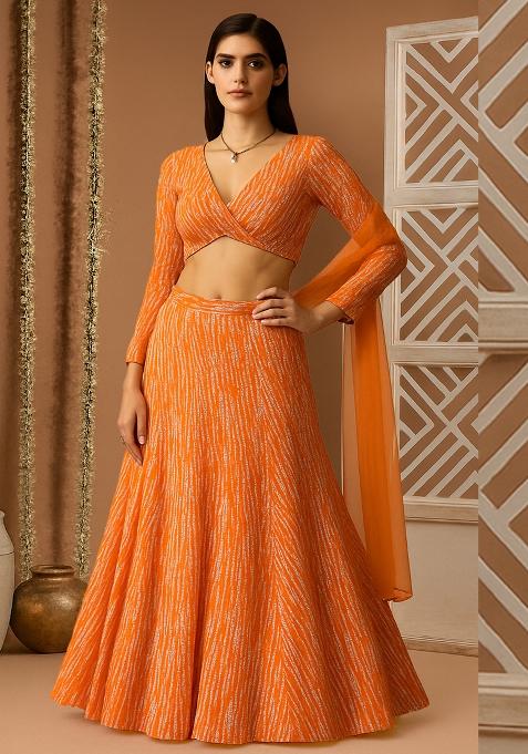 Orange Self Design Polyester Lehenga Set