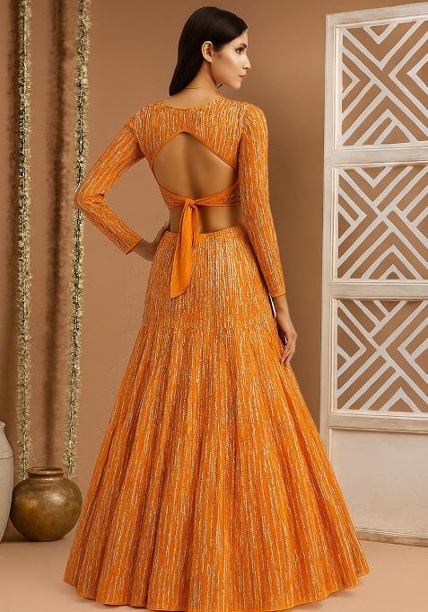 Orange Self Design Polyester Lehenga Set