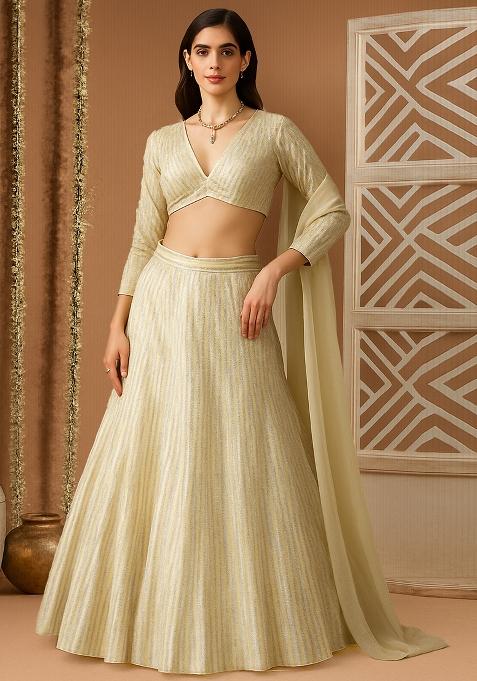 Cream Self Design Polyester Lehenga Set