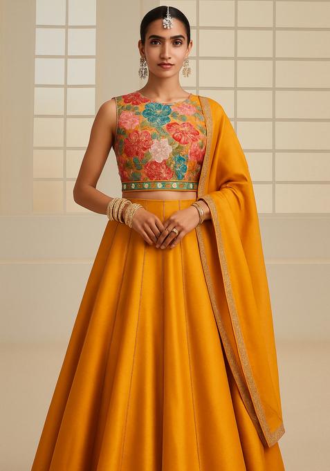 Yellow Embroidered Blouse Georgette Lehenga Set
