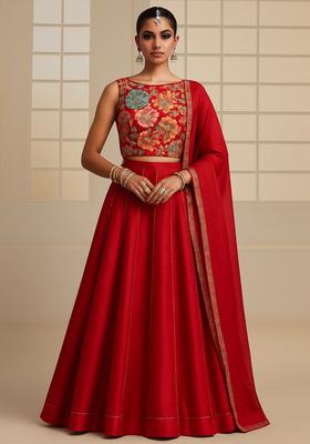 Red Embroidered Blouse Georgette Lehenga Set