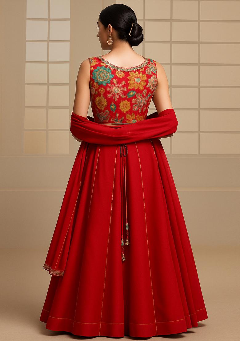 Red Embroidered Blouse Georgette Lehenga Set - Indya