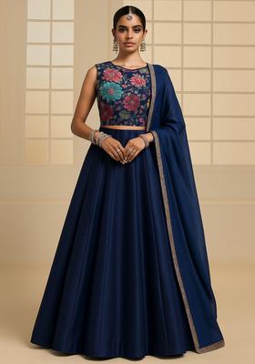 Blue Embroidered Blouse Georgette Lehenga Set
