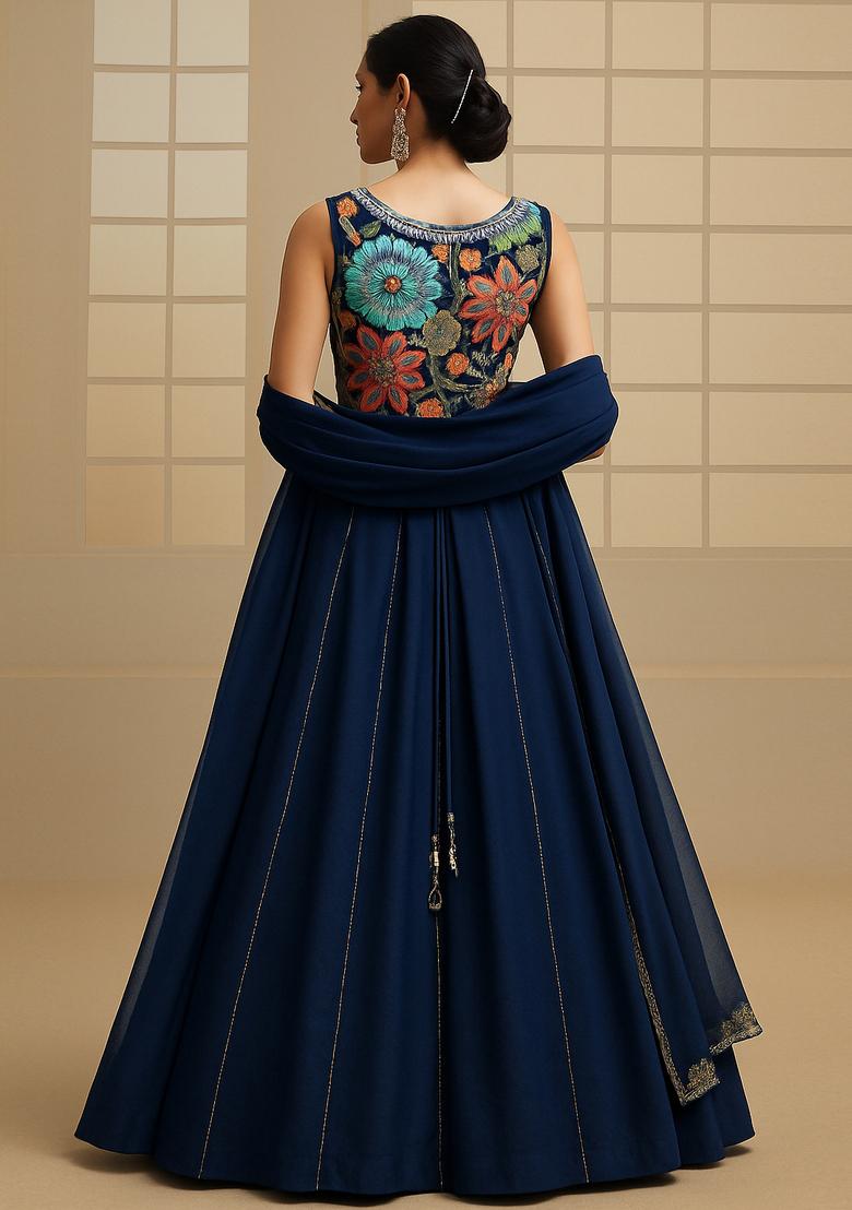 Blue Embroidered Blouse Georgette Lehenga Set - Indya