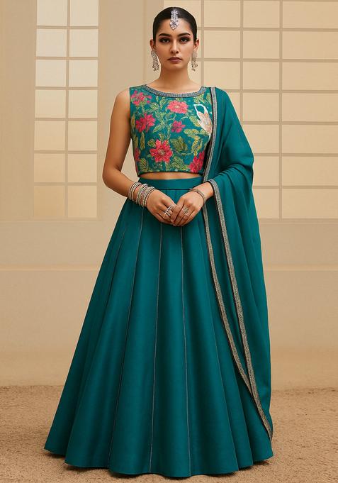 Turquoise Embroidered Blouse Georgette Lehenga Set