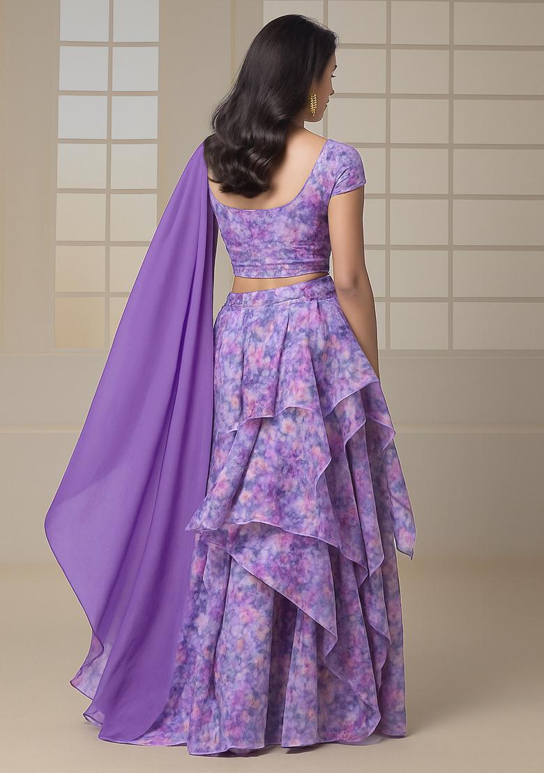 Lavender Printed Organza Lehenga Set - Indya