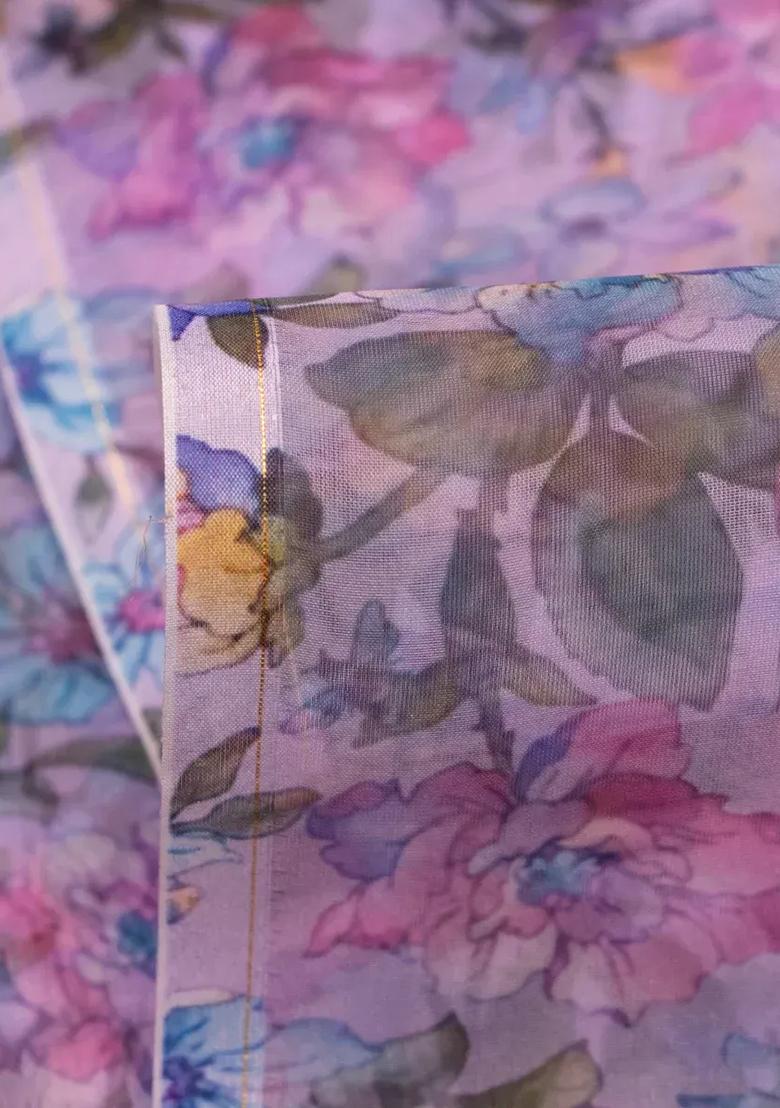 Lavender Printed Organza Lehenga Set - Indya