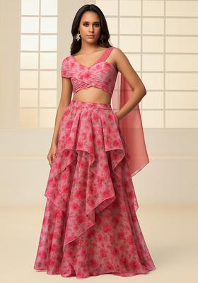 Pink Printed Organza Lehenga Set